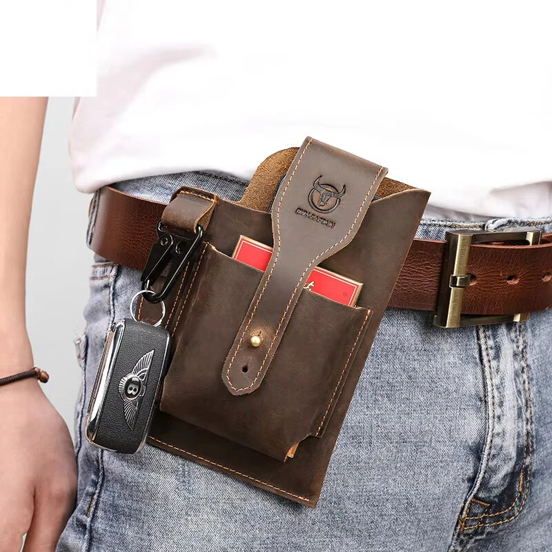 (image for) BULLCAPTAIN Genuine Leather Waist Bag for Men Belt Bag Packs 7inch Cell Phone Purse Waist Bag Wear Buckle Retro Belt Pack